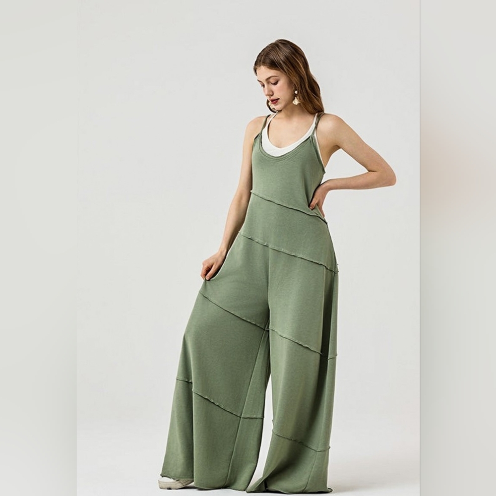 122 | Lt. Olive Wide Leg Raw-Edge Jumpsuit